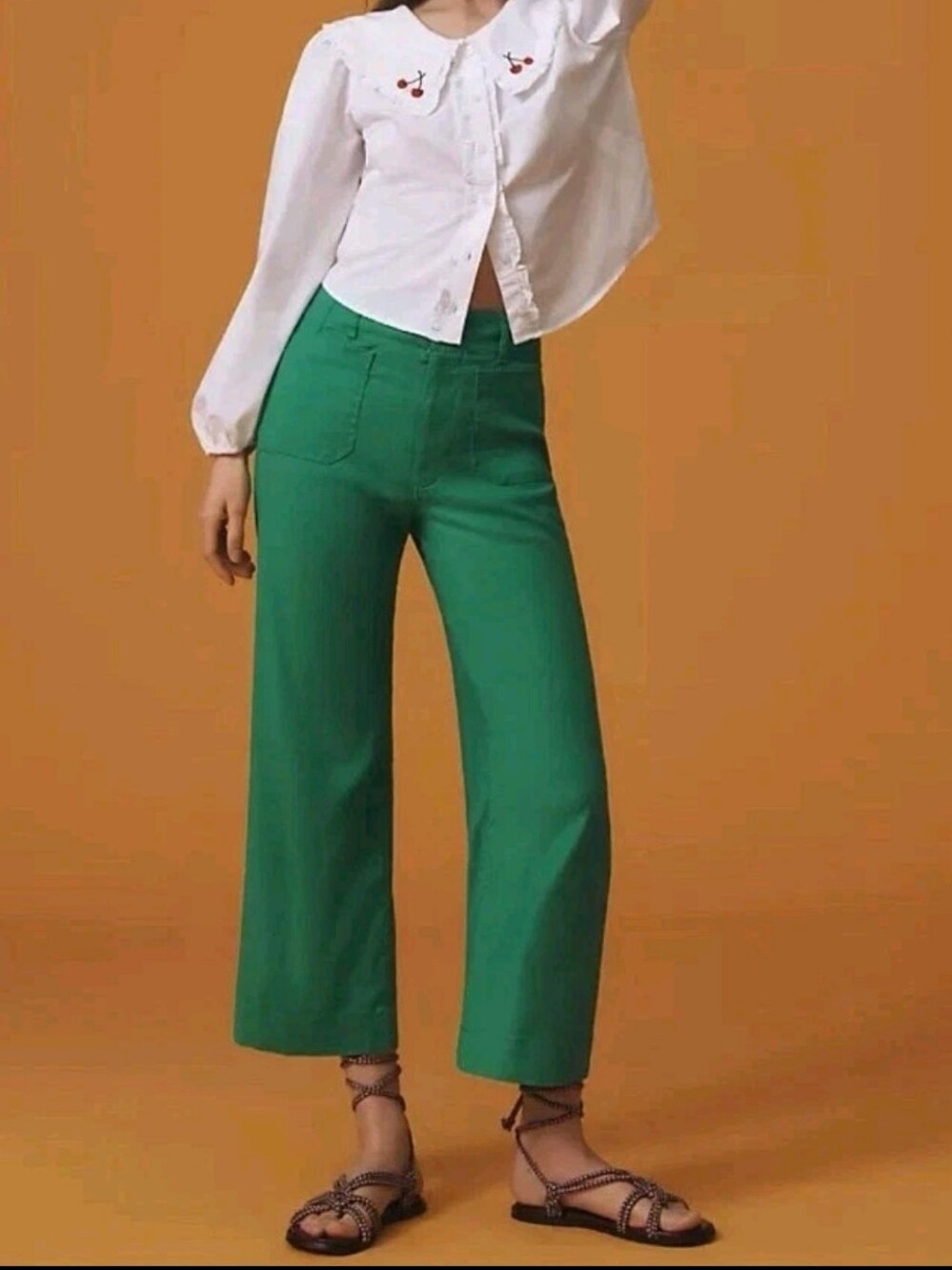 Anthropologie Maeve Colette Linen Blend Crop Wide-Leg Pants Sz 27 Tall 27T Green